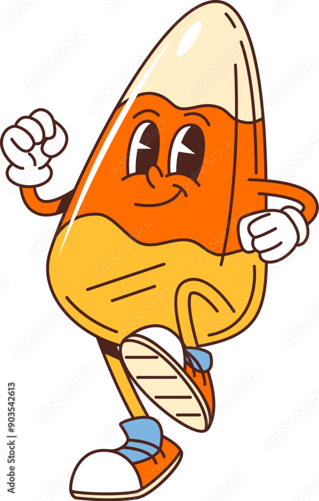 Cartoon groovy Halloween candy corn character with expressive eyes, gloves, and sneakers. Isolated vector lively, festive candy corn sweet personage is joyfully strutting, showcasing a cheerful smile Cartoon groovy Halloween candy corn character with expressive eyes, gloves, and sneakers. Isolated vector lively, festive candy corn sweet personage is joyfully strutting, showcasing a cheerful smile