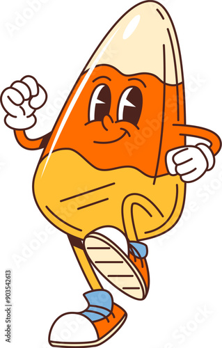 Cartoon groovy Halloween candy corn character with expressive eyes, gloves, and sneakers. Isolated vector lively, festive candy corn sweet personage is joyfully strutting, showcasing a cheerful smile