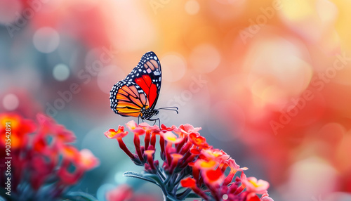 Wallpaper Mural A vibrant butterfly perched on colorful flowers in a dreamy, bokeh-lit garden setting. Torontodigital.ca