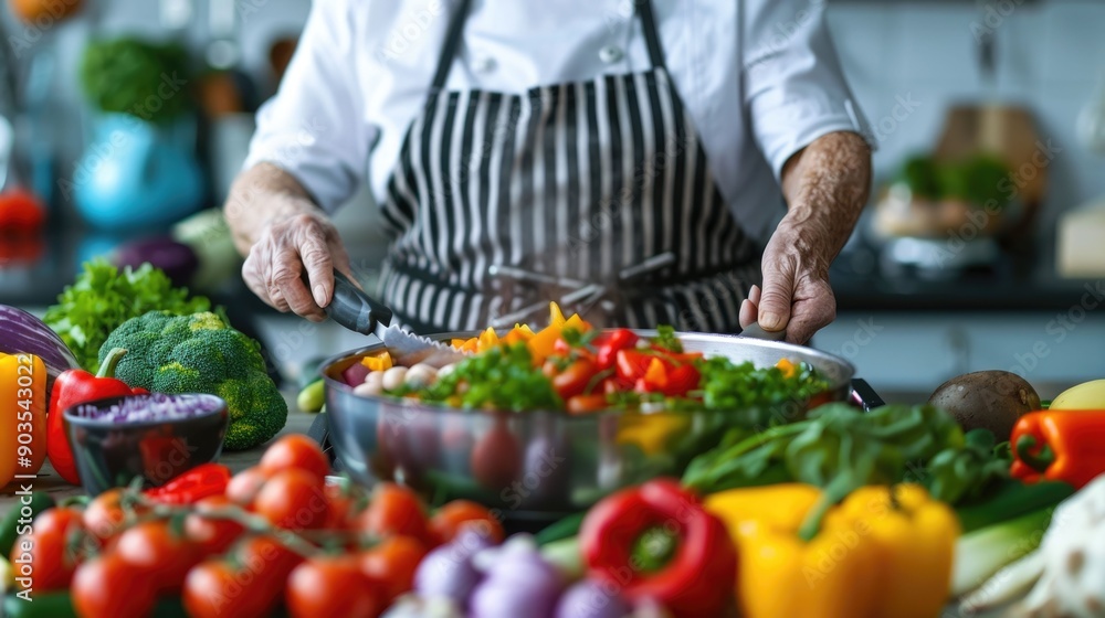 Elderly chef carefully selecting and preparing a nutritious diabetic friendly meal with an assortment of fresh vegetables and other wholesome ingredients on the kitchen counter Elderly chef carefully selecting and preparing a nutritious diabetic friendly meal with an assortment of fresh vegetables and other wholesome ingredients on the kitchen counter