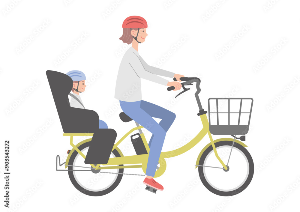 電動自転車に乗る女性と子供(後ろ乗せ) 電動自転車に乗る女性と子供(後ろ乗せ)