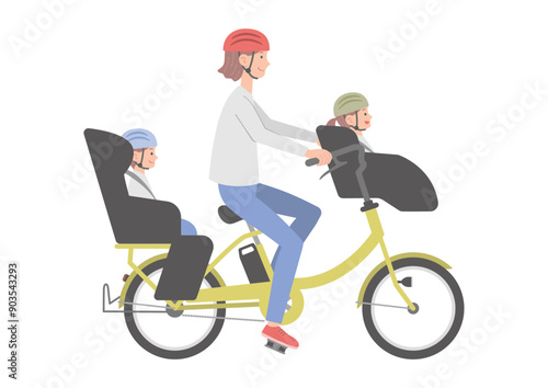 電動自転車に乗る女性と子供（前後乗せ）