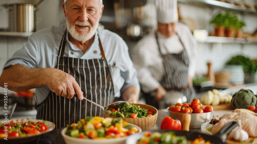 Senior Male Chef in Apron Sharing Cooking Tips and Meal Advice with Students in Cooking Class Setting with Blurred Kitchen Background Senior Male Chef in Apron Sharing Cooking Tips and Meal Advice with Students in Cooking Class Setting with Blurred Kitchen Background