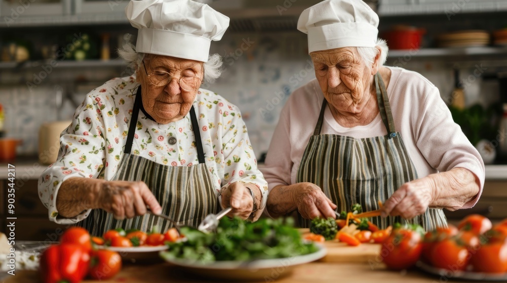 Two elderly chefs wearing aprons and chef hats working together in a kitchen using easy cook appliances to prepare healthy homemade meals with fresh vegetables and produce on a table Two elderly chefs wearing aprons and chef hats working together in a kitchen using easy cook appliances to prepare healthy homemade meals with fresh vegetables and produce on a table