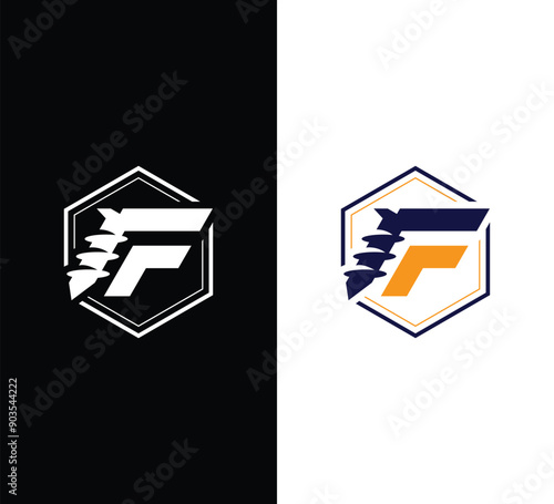 F Screw letter logo design in hexagon