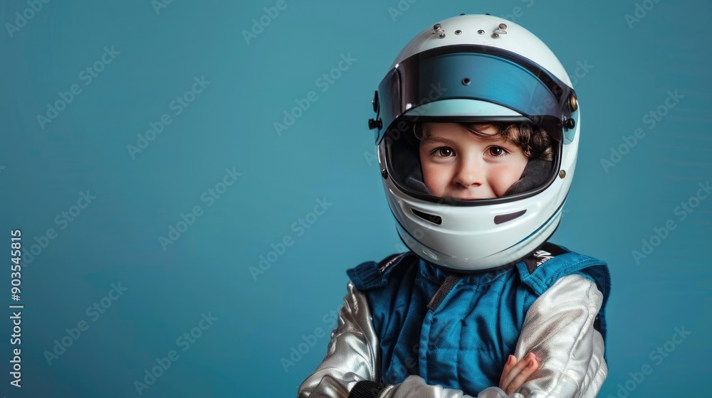 Portrait photography of a cute little Racing car driver professional happy smiling arm crossing, studio shot isolated on single color background ,editorial style, shoot by DSLR. Portrait photography of a cute little Racing car driver professional happy smiling arm crossing, studio shot isolated on single color background ,editorial style, shoot by DSLR.