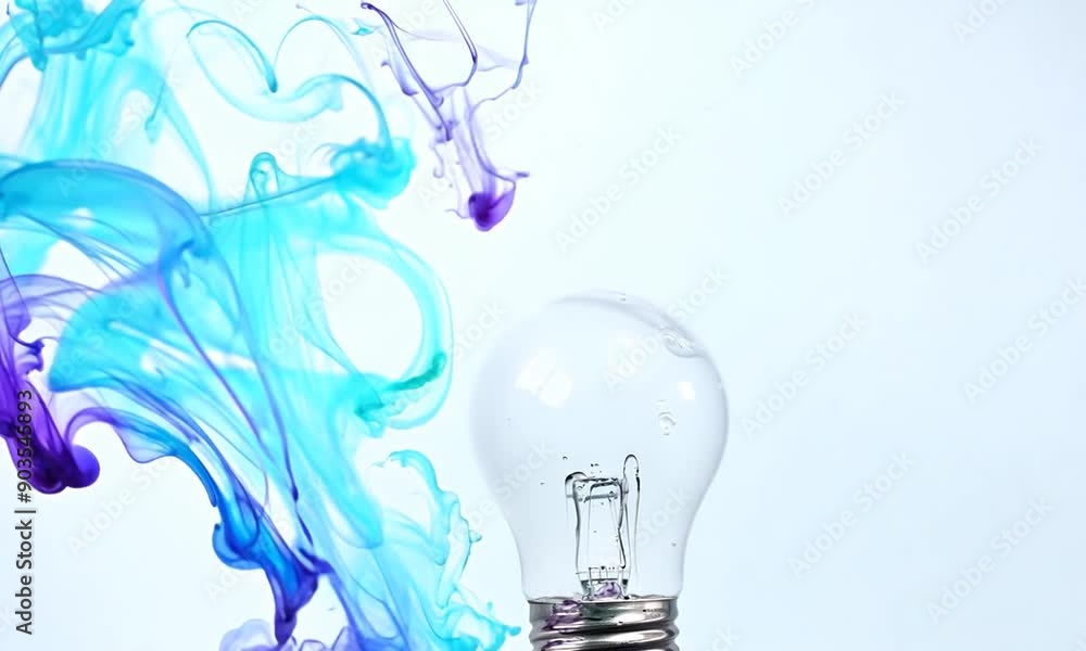 A single light bulb in the center of a light blue background A single light bulb in the center of a light blue background