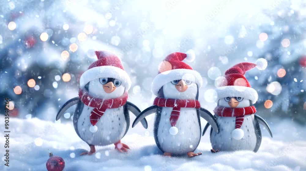 a festive wallpaper featuring cute penguin dressed in Santa hats and scarves, christmas decoration tree. seamless looping time-lapse virtual 4k video animation background a festive wallpaper featuring cute penguin dressed in Santa hats and scarves, christmas decoration tree. seamless looping time-lapse virtual 4k video animation background