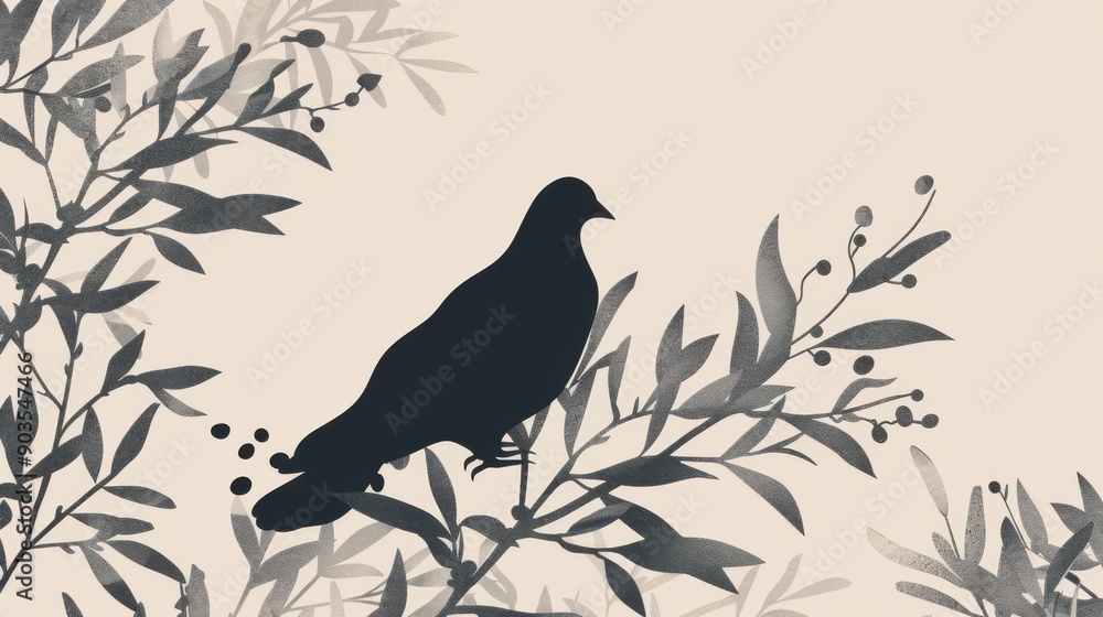 Chinese minimalism illustration, silhouette portrait of a dove, flat illustration Chinese figure illustration on light gray background, surrounded by olive branches, peaceful setting, copy space Chinese minimalism illustration, silhouette portrait of a dove, flat illustration Chinese figure illustration on light gray background, surrounded by olive branches, peaceful setting, copy space