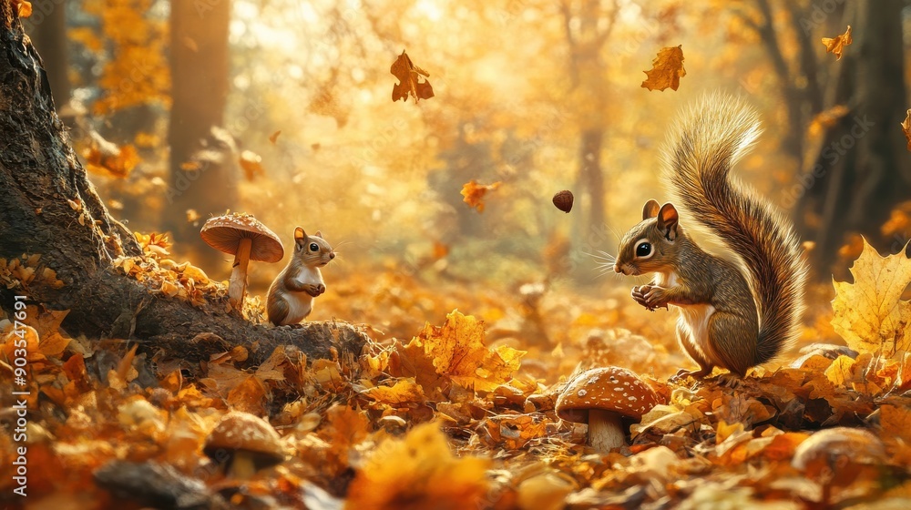 An autumnal forest with a carpet of fallen leaves, mushrooms sprouting, and squirrels gathering nuts, reflecting the seasonal changes in nature An autumnal forest with a carpet of fallen leaves, mushrooms sprouting, and squirrels gathering nuts, reflecting the seasonal changes in nature
