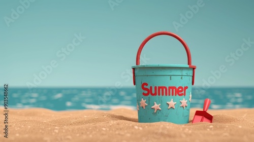 Vibrant Beach Bucket and Shovel Filled with Summertime Joy Against a Backdrop of a Serene Coastal Seascape with Crashing Waves Blue Sky and Sandy Shore photo