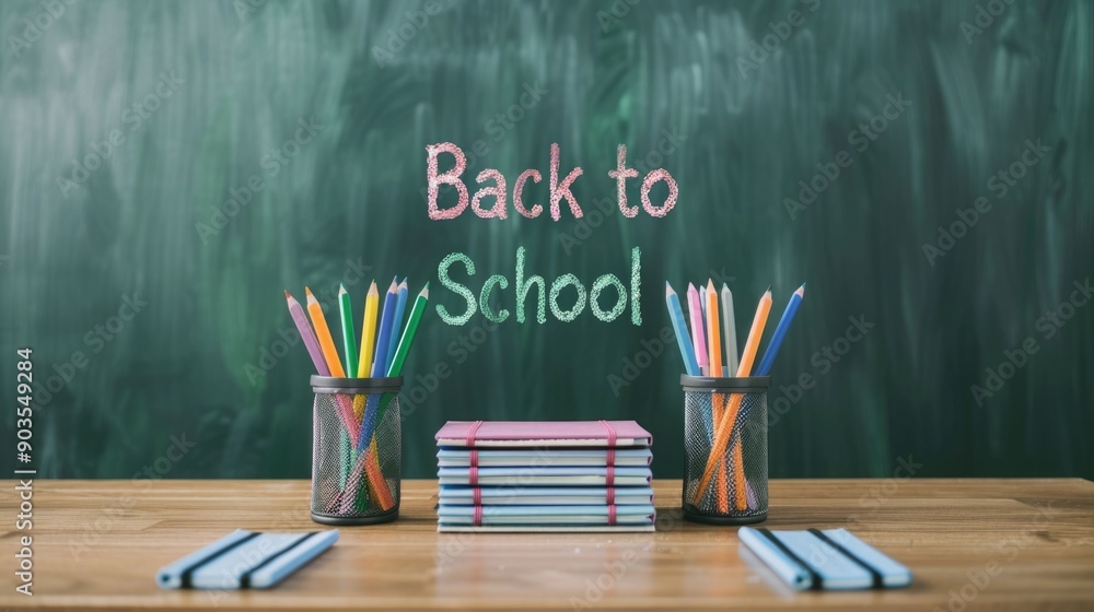 Colorful Back to School Scene with Chalkboard Displaying Back to School and Stacks of Notebooks Pencils and Erasers on Wooden Desk in Classroom Interior Colorful Back to School Scene with Chalkboard Displaying Back to School and Stacks of Notebooks Pencils and Erasers on Wooden Desk in Classroom Interior