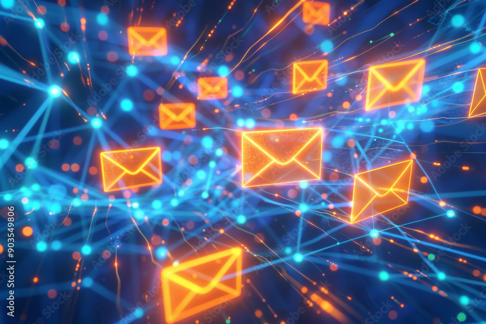 Glowing Email Icons Moving Through a Network of Light Trails Glowing Email Icons Moving Through a Network of Light Trails