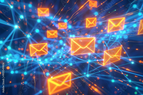 Glowing Email Icons Moving Through a Network of Light Trails