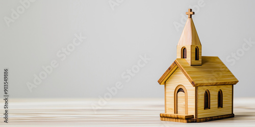 Minimalist wooden church model isolated background simple Christian faith decor small handcrafted worship figurine banner copy space blank promotion campaign advert wood timber handmade craft chapel 