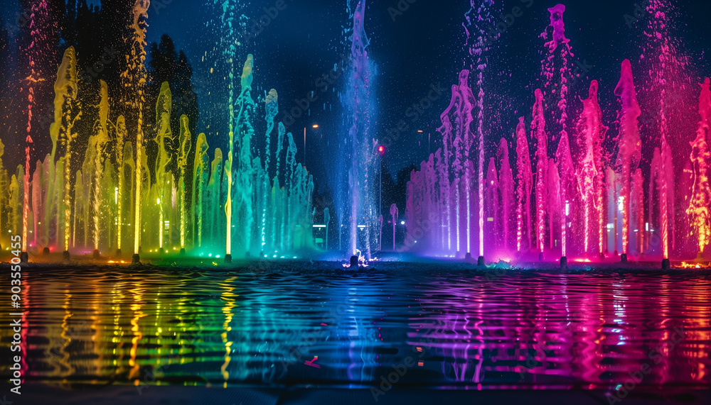 A vibrant night-time display of colorful fountains, with water jets illuminated by multicolored lights reflecting on the water surface. A vibrant night-time display of colorful fountains, with water jets illuminated by multicolored lights reflecting on the water surface.