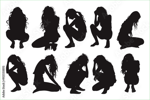 Set of Girls in Depression and sitting alone silhouettes on white background.  Sitting sad girl silhouette vector set. Black silhouette sad girl vector. 