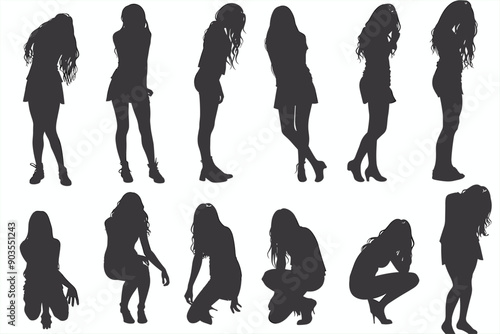 Set of Girls in Depression and sitting alone silhouettes on white background.  Sitting sad girl silhouette vector set. Black silhouette sad girl vector. 