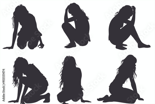 Set of Girls in Depression and sitting alone silhouettes on white background.  Sitting sad girl silhouette vector set. Black silhouette sad girl vector. 