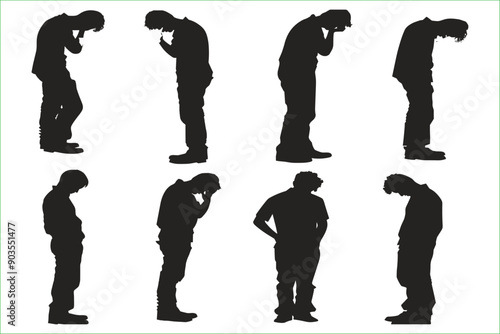 Set of boys in Depression and alone silhouettes on white background. Set of sad man silhouette vector on white background. 