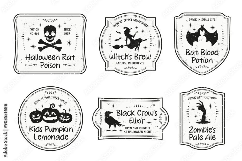 Halloween magic potion bottle labels, Isolated vector set of monochrome grunge badges for brew in retro style with a menacing skull and crossbones, witch on broom, raven, bat, pumpkins and zombie hand