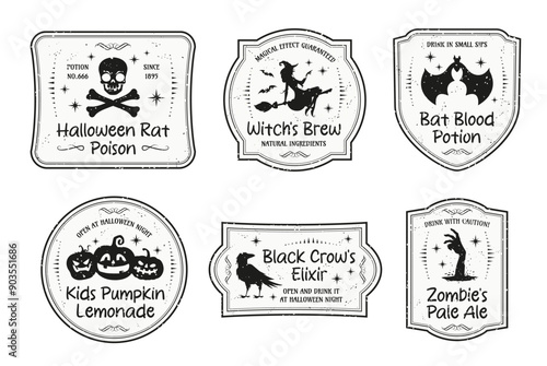 Halloween magic potion bottle labels, Isolated vector set of monochrome grunge badges for brew in retro style with a menacing skull and crossbones, witch on broom, raven, bat, pumpkins and zombie hand