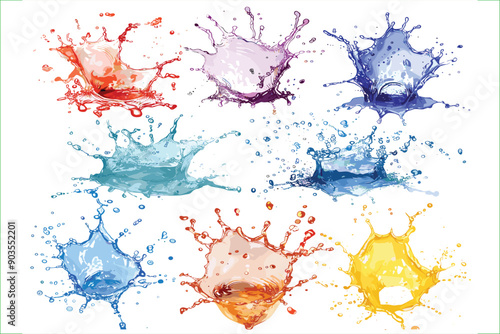 Set of different color water explosions, isolated on a white background. 