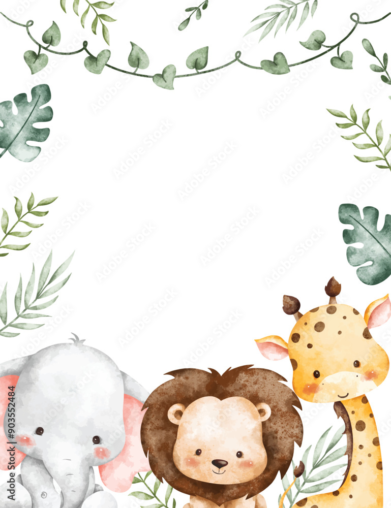 Obraz premium Watercolor Illustration Tropical Leaves Frame With Safari Animals