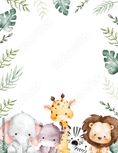 Watercolor Illustration Tropical Leaves Frame With Safari Animals