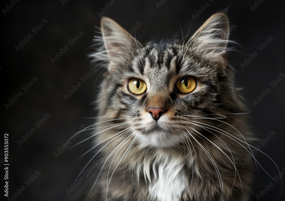Close-Up Photograph of a Fluffy Maine Coon Cat with Piercing Eyes Against a Dark Background Close-Up Photograph of a Fluffy Maine Coon Cat with Piercing Eyes Against a Dark Background
