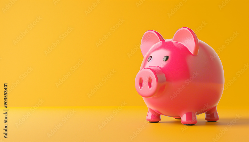 A shiny pink piggy bank on a vibrant yellow background, symbolizing savings and financial stability. A shiny pink piggy bank on a vibrant yellow background, symbolizing savings and financial stability.