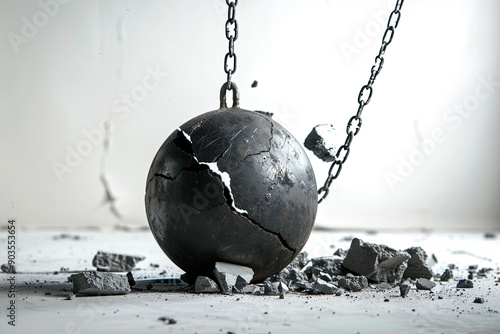 Broken black iron wrecking ball hanging from a chain. Weak point, stress test, breakage, and failure concept photo