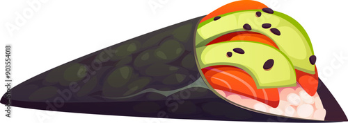 Temaki cartoon Japanese hand roll sushi c. Isolated vector appetizing japan dish, Asian food, wrapped in dark seaweed and includes slices of fresh avocado, salmon and rice, topped with sesame seeds