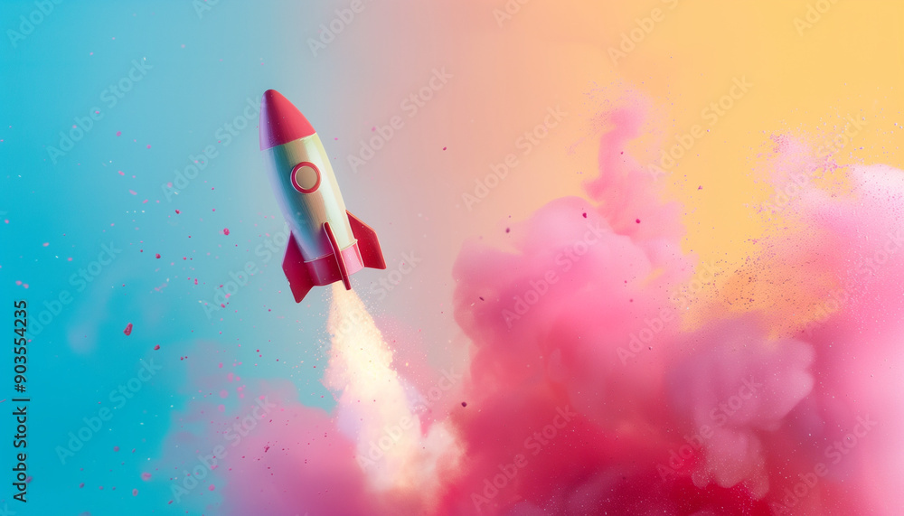 A colorful 3D rocket launching into a vibrant sky filled with pink and yellow clouds, symbolizing creativity and innovation. A colorful 3D rocket launching into a vibrant sky filled with pink and yellow clouds, symbolizing creativity and innovation.