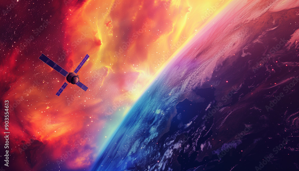 A satellite orbiting Earth against a vibrant cosmic backdrop, featuring intense reds, yellows, and purples that highlight a striking image of space exploration. A satellite orbiting Earth against a vibrant cosmic backdrop, featuring intense reds, yellows, and purples that highlight a striking image of space exploration.