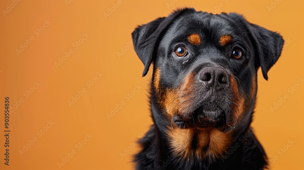 Fototapeta premium Close-up Portrait of a Rottweiler with a Curious Expression