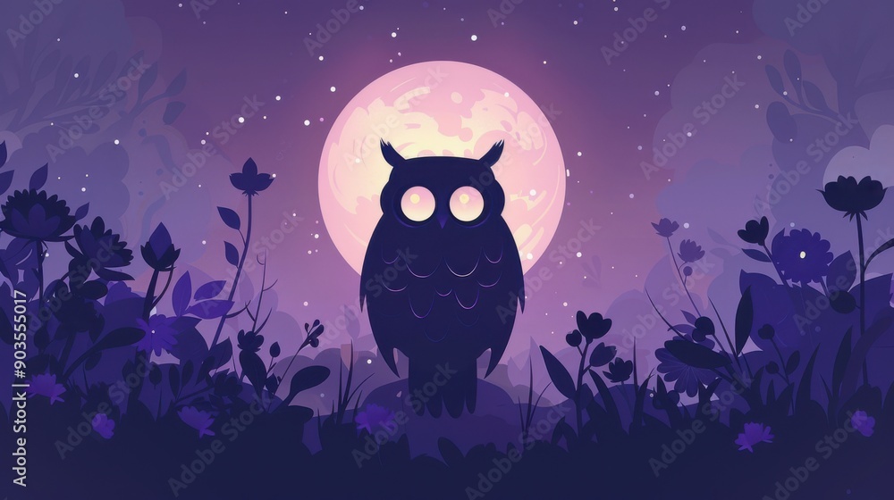 Chinese minimalism illustration, silhouette portrait of an owl, flat illustration Chinese figure illustration on twilight purple background, surrounded by moonflowers, woodland setting, copy space Chinese minimalism illustration, silhouette portrait of an owl, flat illustration Chinese figure illustration on twilight purple background, surrounded by moonflowers, woodland setting, copy space