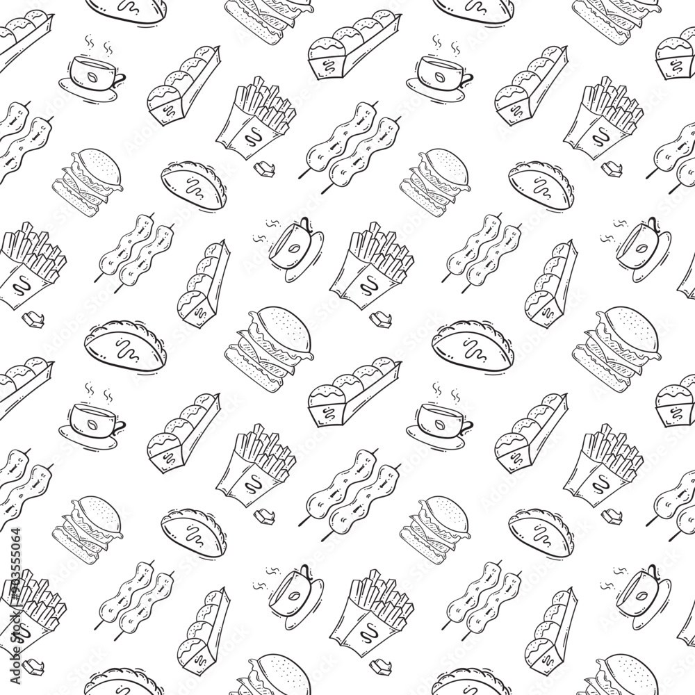 food pattern, seamless pattern of food and beverage in hand drawn style pattern background food pattern, seamless pattern of food and beverage in hand drawn style pattern background