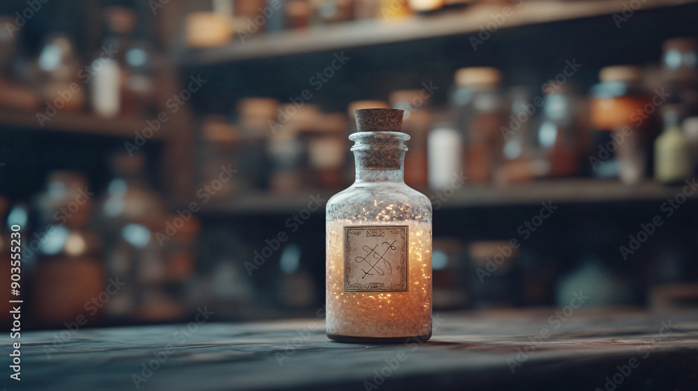 Enchanted Potion Bottle in Dimly Lit Apothecary - Witchcraft, Magic Elixir, Mystical Alchemy, Ancient Symbols, Herbal Ingredients, Mystical Glow, Alchemist’s Shop, Sorcery, Occult Artifact, Esoteric Enchanted Potion Bottle in Dimly Lit Apothecary - Witchcraft, Magic Elixir, Mystical Alchemy, Ancient Symbols, Herbal Ingredients, Mystical Glow, Alchemist’s Shop, Sorcery, Occult Artifact, Esoteric