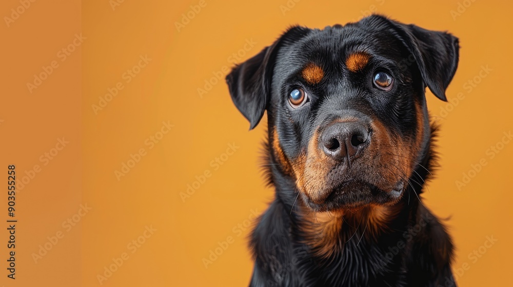 Close-up Portrait of a Rottweiler with Brown Eyes Against an Orange Background Close-up Portrait of a Rottweiler with Brown Eyes Against an Orange Background