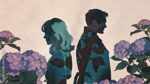 Chinese minimalism illustration, silhouette portrait of a Caucasian couple, woman with medium-length wavy teal hair, wearing a blouse; man with short, straight dark brown hair, wearing a trench coat