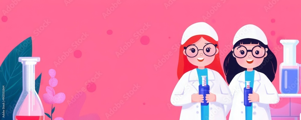 Two female scientists hold test tubes in a colorful laboratory setting, showcasing teamwork and innovation in scientific research. Two female scientists hold test tubes in a colorful laboratory setting, showcasing teamwork and innovation in scientific research.