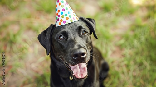 Playful dog wearing a party hat, enjoying a festive celebration, isolated on a bright background, perfect for joyful event themes and pet-friendly design projects photo