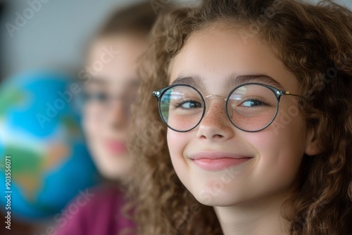 Wallpaper Mural A cheerful girl with curly hair and glasses smiles confidently in a classroom setting, showcasing a passion for learning and adventure. Torontodigital.ca