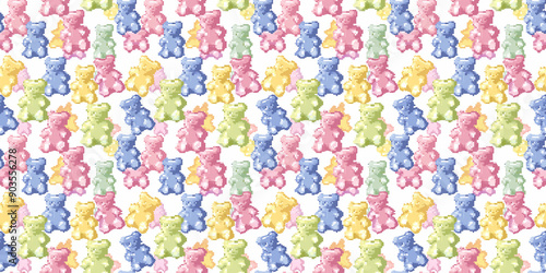 a pixelated pattern background of colorful gummy bears on a white background