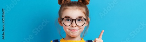 Wallpaper Mural Cheerful girl with glasses pointing up against a vibrant blue background, exuding confidence and curiosity. Torontodigital.ca