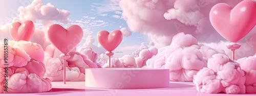 Romantic Pink Podium with Heart-Shaped Clouds for Valentine's Day Product Display