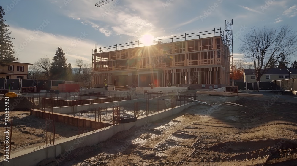 Fototapeta premium Constructing a Landmark Time Lapse of a Building s Transformation from Foundation to Completion