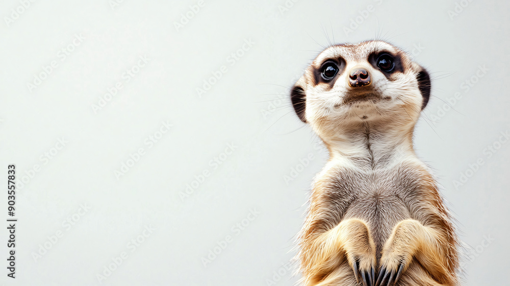 Fototapeta premium Curious Meerkat Standing on Hind Legs with Clasped Paws Against White Background