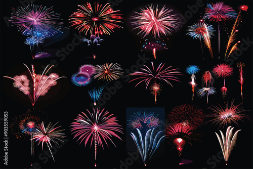  set of Fireworks in different style, type and colors. Each firework is individually grouped. Change color to the firework is easy, simply select the firework and change the gradient's color. 